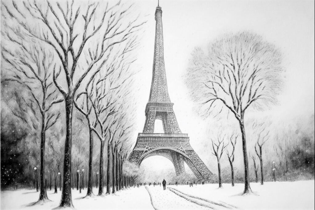 Sketch of Eiffel Tower in Winter