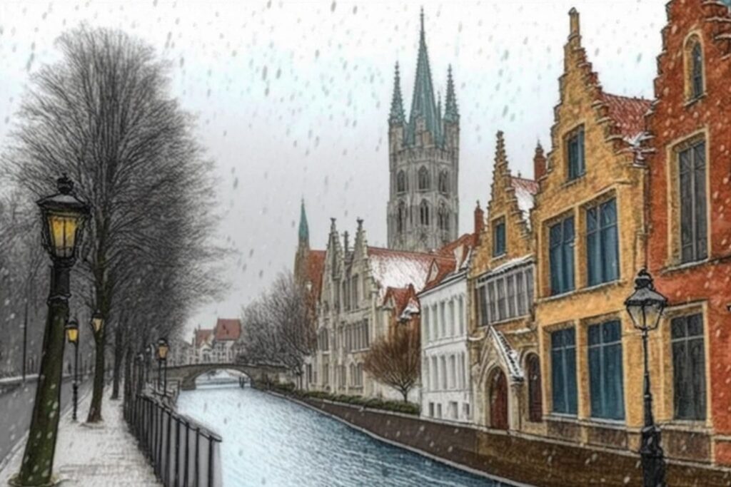 snow falling in Bruges in March